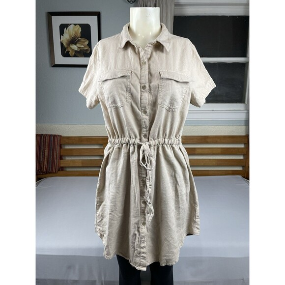 Love Tree Linen Blend Button Front Collared Mini Dress Women’s LG Khaki Safari - Picture 13 of 15